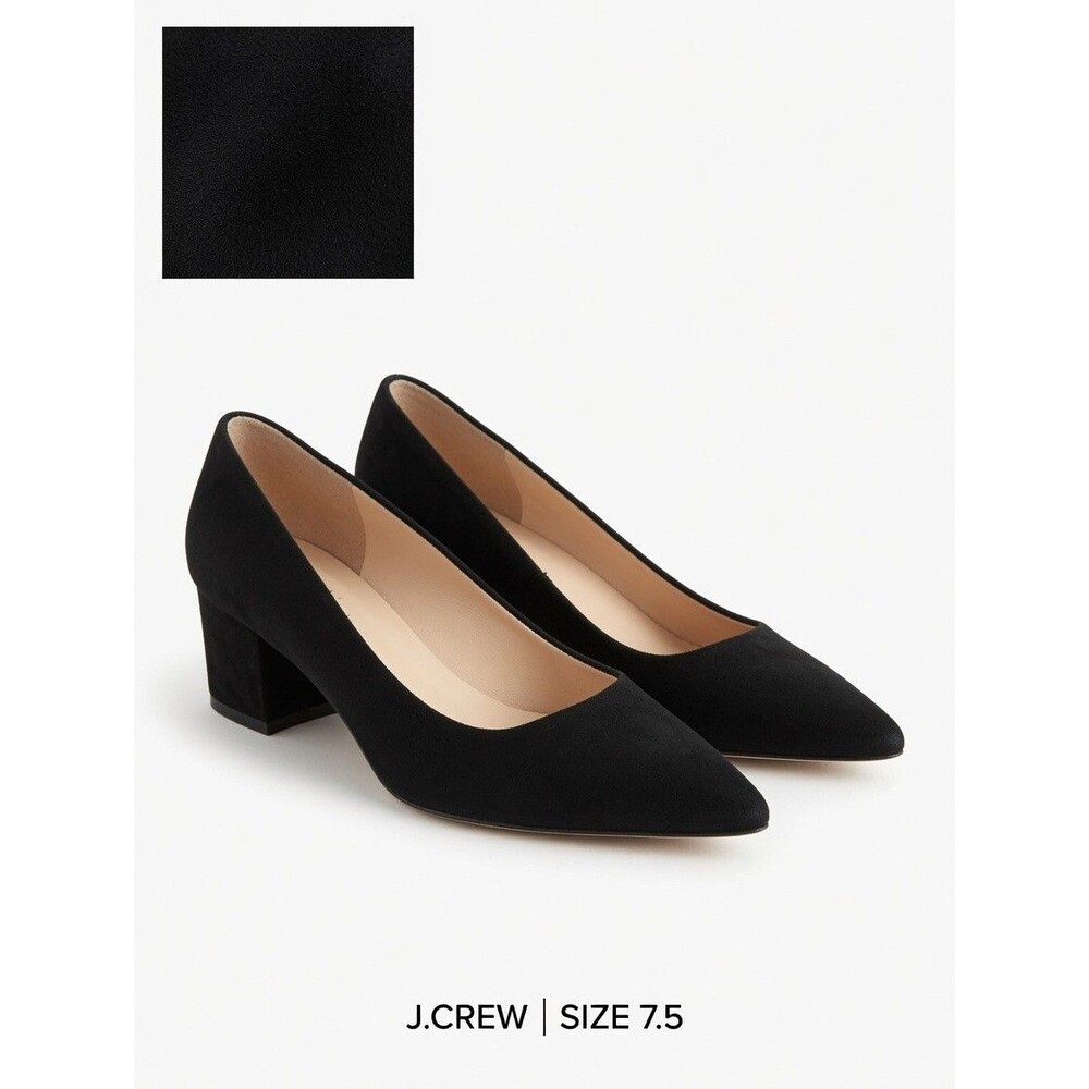 J.Crew Suede Leather Low Block Heels Pumps 7.5 Black Pointed Toe Dress Shoe EUC